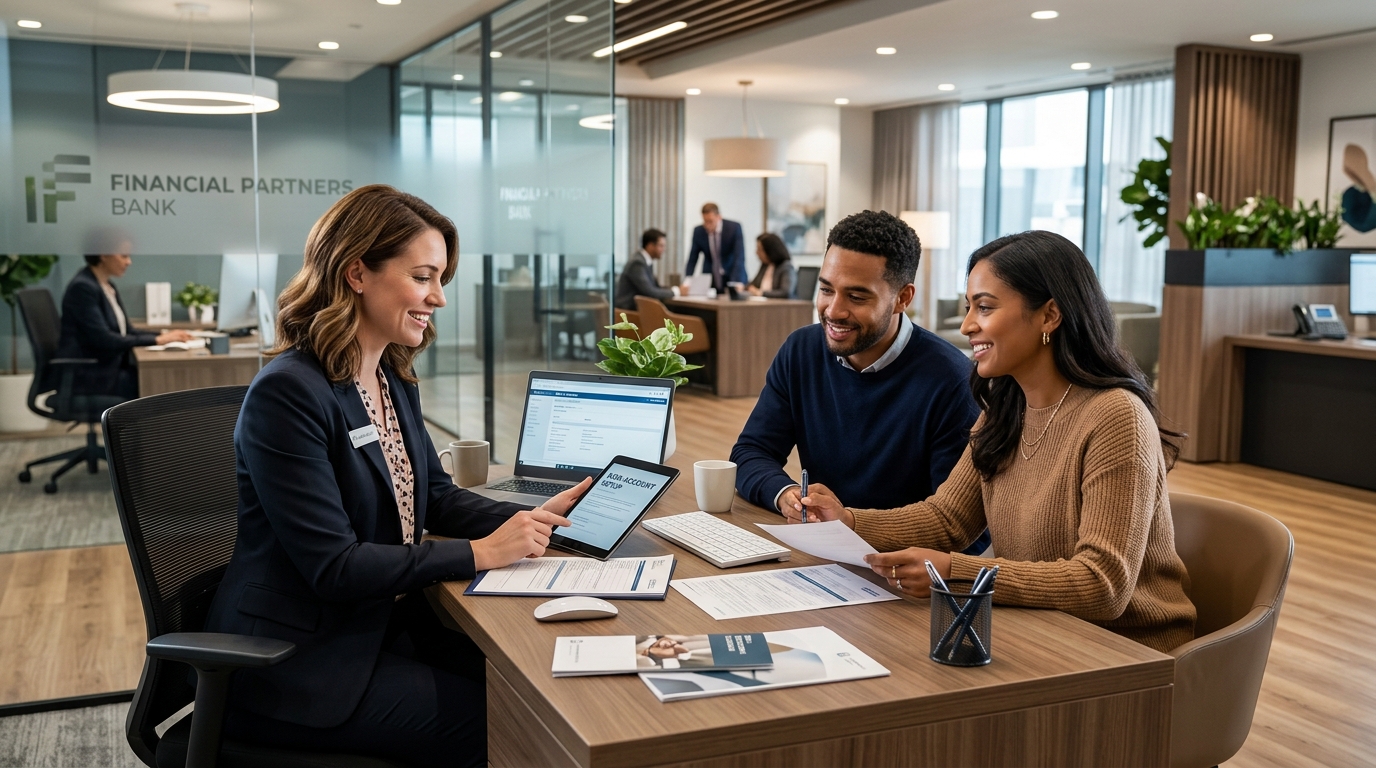 Bank staff opening account for clients at desk